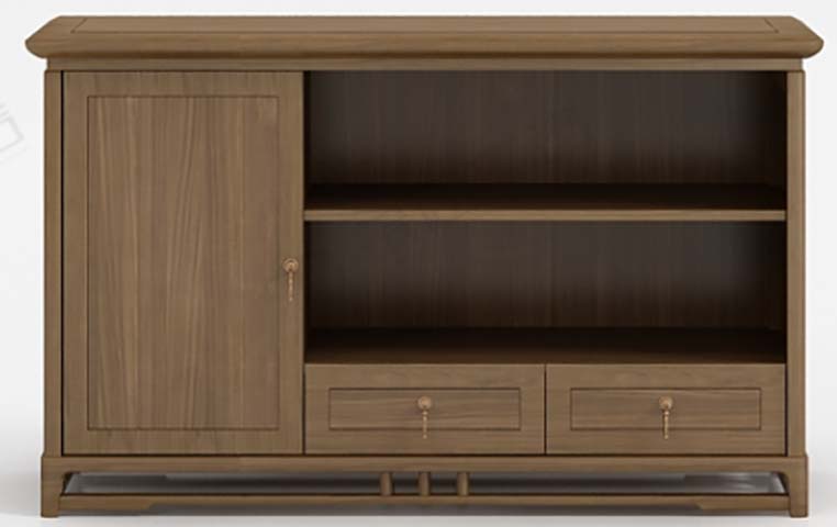 Walnut-Tone New Chinese Style TV Media Console with Slatted Base