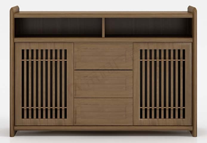 Light Walnut Slatted Door Storage Sideboard with Dual Open Top Cubbies