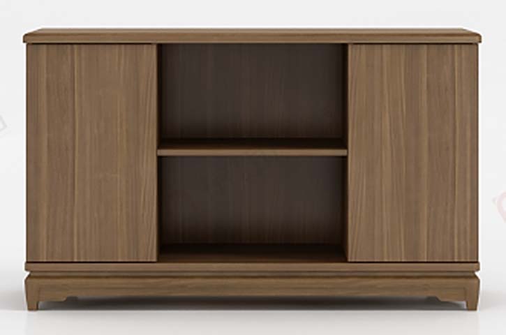 Walnut Wood Grain Sliding Door Low Profile TV Console with Dual-Tier Open Central Media Shelves and Stepped Plinth Base