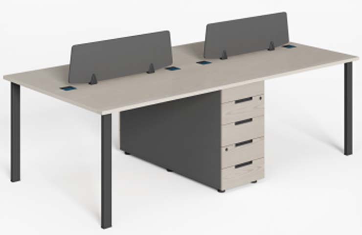 4-Person Face-to-Face Bench Workstation Desk with Privacy Dividers and Locking Drawer Pedestal