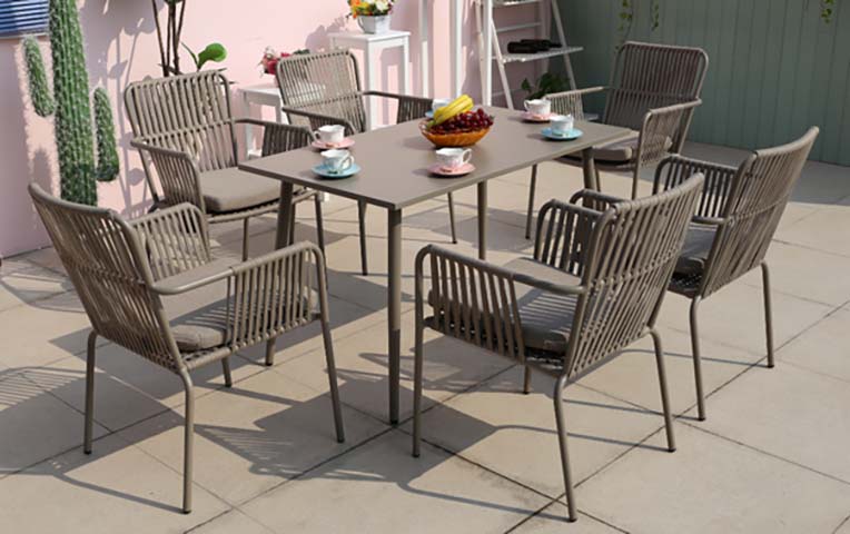 6-Seater Taupe Woven Rope Patio Dining Set with Rectangular Table and Cushioned Armchairs