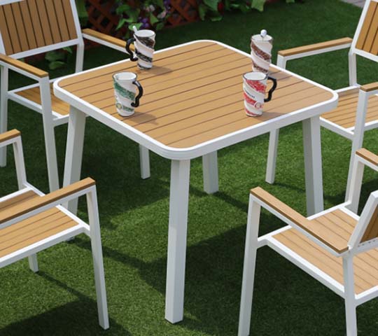 7-Piece Outdoor Patio Dining Set with Square Slatted Table and 6 Armchairs