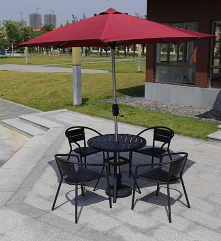 5-Piece Black Metal Round Slatted Outdoor Patio Dining Set with 10ft Red Crank Umbrella