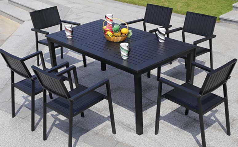 6-Seat Rectangular Slatted Black Outdoor Dining Table