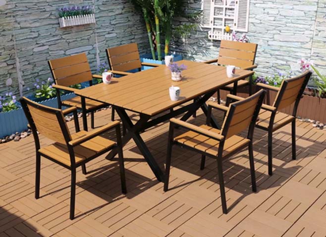 6-Person Rectangular Outdoor Dining Table with Faux Wood Slatted Top and Black X-Frame Base