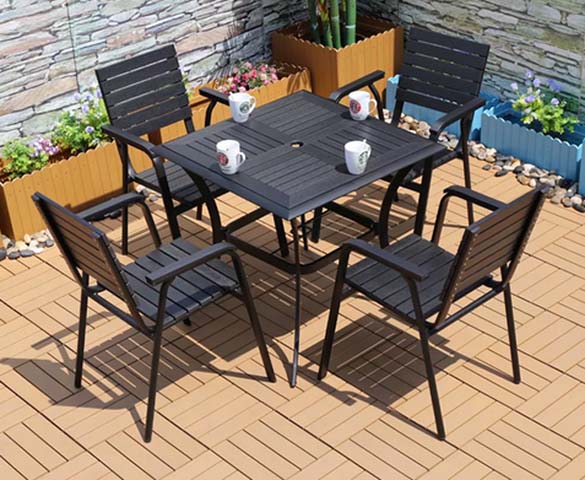 5-Piece Black Slatted Steel 4-Person Outdoor Patio Dining Set with Umbrella Hole