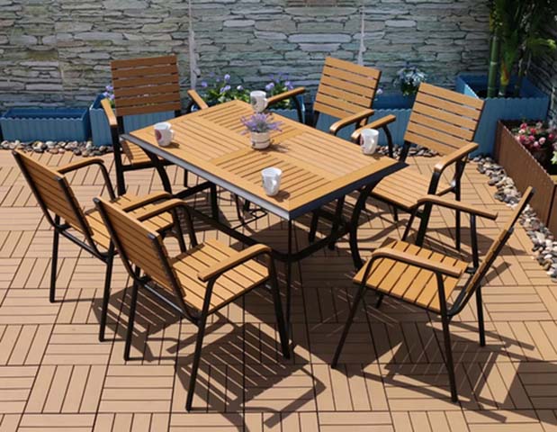 7-Piece Outdoor Patio Dining Set with Slatted Table and Stackable Armchairs