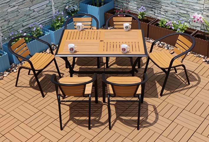 7-Piece All-Weather Outdoor Patio Dining Set with Teak-Effect Slats and Umbrella Hole
