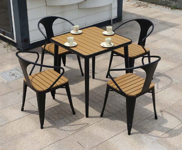 5-Piece Black Metal Frame Faux Wood Slat Outdoor Patio Dining Set
