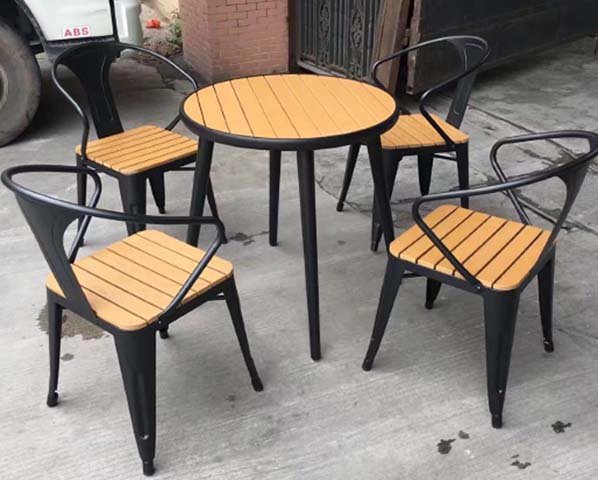 4-Seater Outdoor Bistro Dining Set with Round Faux Wood Slat Table and Industrial Metal Armchairs