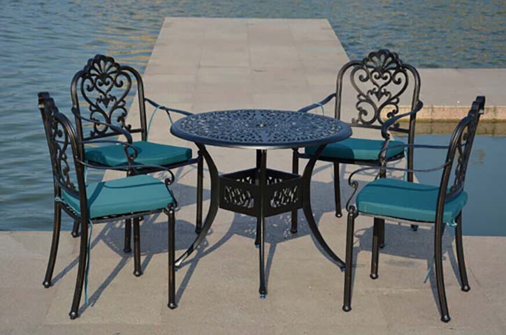 5-Piece Cast Aluminum Round Patio Dining Set with Teal Cushions, Umbrella Hole
