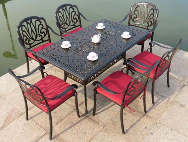 7-Piece Cast Aluminum Outdoor Patio Dining Set with Red Seat Cushions