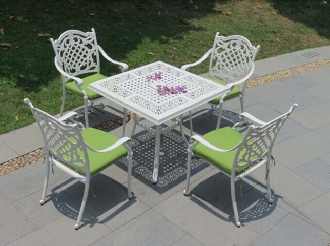 5-Piece White Cast Aluminum Outdoor Patio Dining Set with Green Cushions