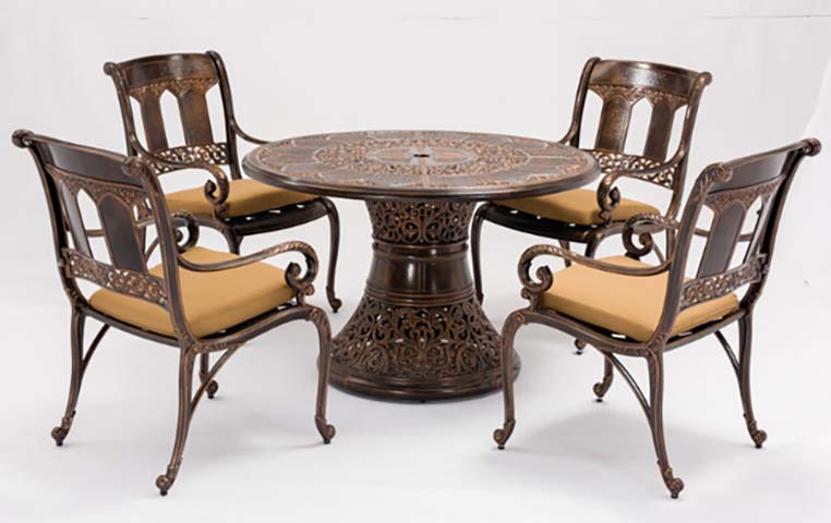5-Piece Cast Aluminum Round Outdoor Patio Dining Set with Umbrella Hole and Tan Cushions
