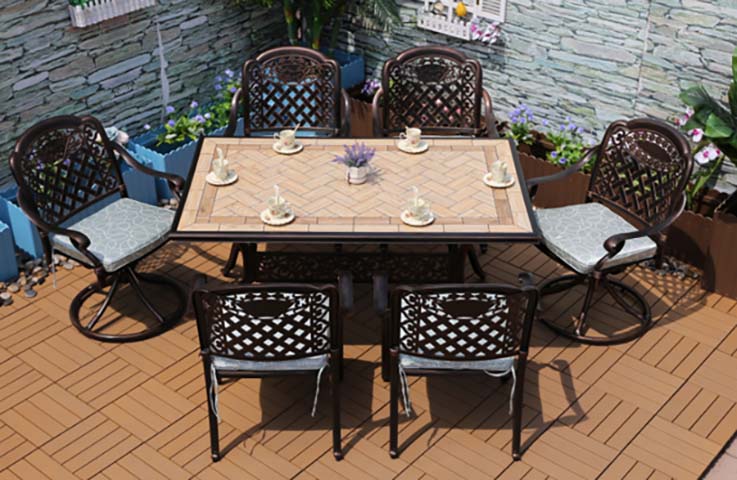 6-Seat Rectangular Outdoor Patio Dining Table with Herringbone Tile Top, Bronze Cast Metal Frame