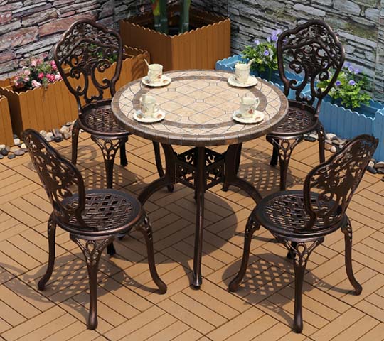 5-Piece Antique Bronze Cast Aluminum Outdoor Patio Round Dining Set with Ceramic Tile Tabletop