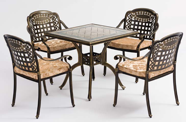 5-Piece Cast Aluminum Outdoor Patio Dining Set with Tile Tabletop and Patterned Cushions