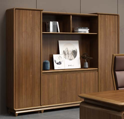 Walnut-Grain 3-Section Executive Office Bookcase with Closed Storage