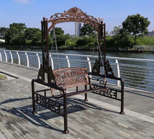 Ornate Bronze Cast Aluminum 2-Person Freestanding Patio Swing Bench with Arched Decorative Canopy Frame