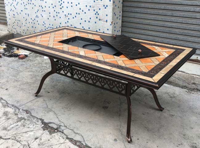 Rectangular Cast Aluminum Tile-Top Outdoor Dining Table with Recessed Fire Pit/Ice Bucket Cavity