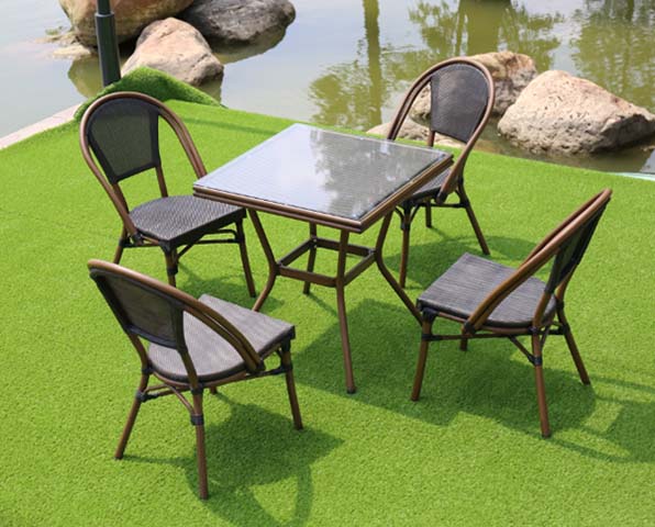 4-Seater Square Glass-Top Outdoor Dining Set with Woven Mesh Armless Chairs