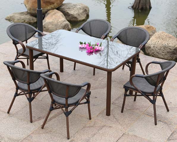 7-Piece 6-Seater Rectangular Tempered Glass Top Outdoor Patio Dining Set with Grey Mesh Armchairs