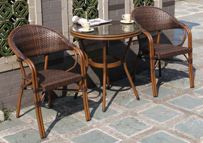 3-Piece Brown PE Wicker Outdoor Patio Bistro Set with Round Tempered Glass Top Table
