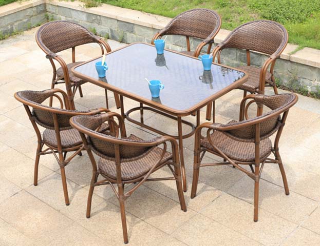 7-Piece Brown Wicker Outdoor Patio Dining Set with Square Tempered Glass Table and 6 Armchairs