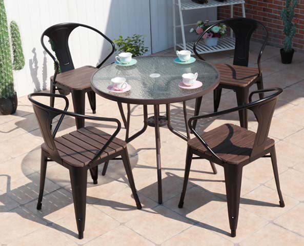 5-Piece Bronze Metal Round Glass Top Outdoor Patio Dining Set with Faux Wood Slat Armchairs