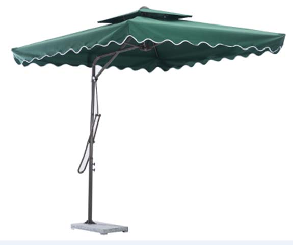 Dark Green Double-Top Offset Cantilever Patio Umbrella with Scalloped White Trim and Square Weighted Base