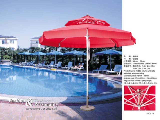 Double-Tier Aluminum Center-Pole Patio Umbrella, Round Red Canopy with Weighted Base