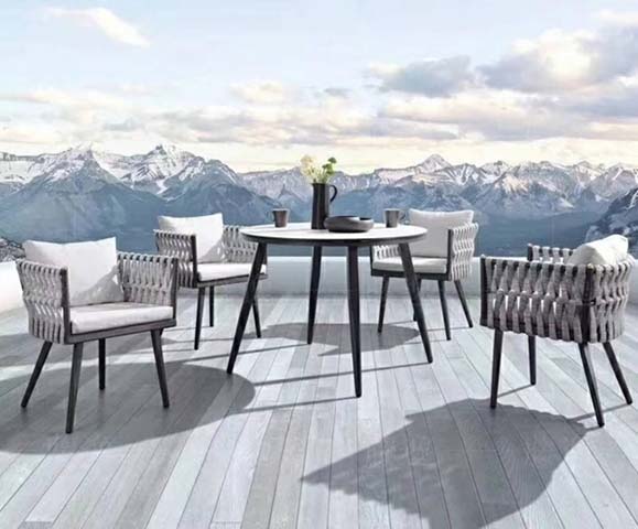 5-Piece Round Outdoor Patio Dining Set with Rope-Weave Armchairs and Off-White Cushions
