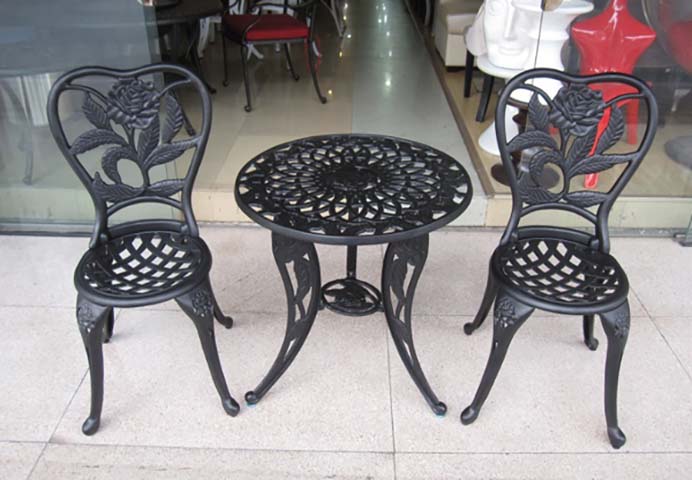 3-Piece Black Cast Aluminum Rose Design Outdoor Bistro Table and Chair Set