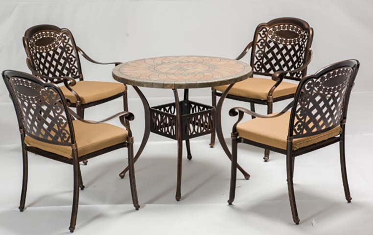 5-Piece Antique Bronze Cast Aluminum Round Mosaic Tile Top Patio Dining Set with Tan Seat Cushions