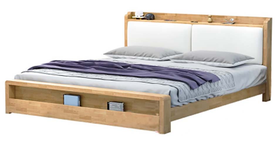 Light Solid Wood Upholstered Platform Storage Bed with Headboard Shelf and Footboard Cubbies