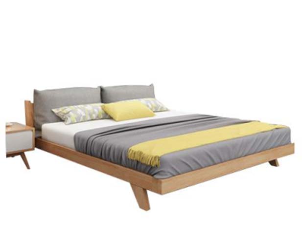Light Oak Low-Profile Platform Bed with Grey Split Upholstered Headboard Cushions and Matching Nightstand