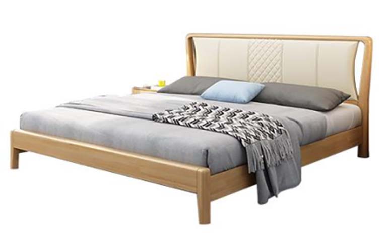 Light Solid Wood Upholstered Platform Bed with Diamond-Quilted Headboard