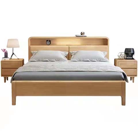 Natural Light Oak Wooden Platform Bed with Headboard Storage Shelf and 2 Matching Nightstands