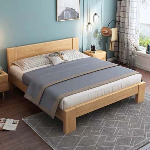 Light Solid Wood Low-Profile Platform Bed with Panel Headboard
