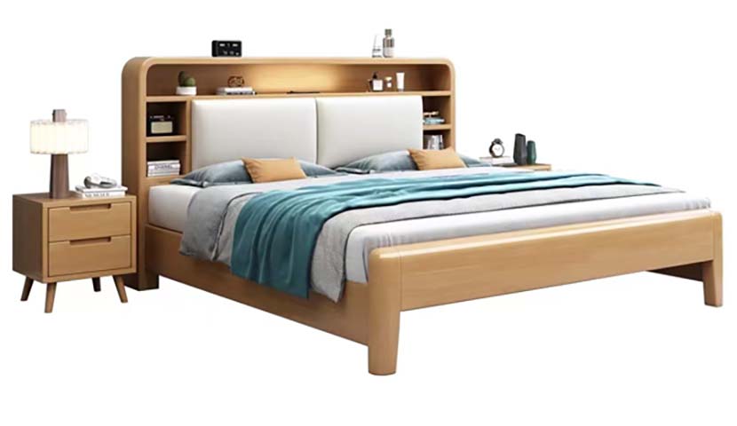 Light Oak Upholstered Platform Bed with Integrated Bookshelf Headboard