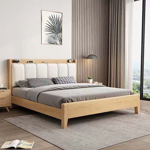 Light Oak Low-Profile Platform Bed with Off-White Channel-Tufted Upholstered Headboard and Full-Width Top Storage Shelf