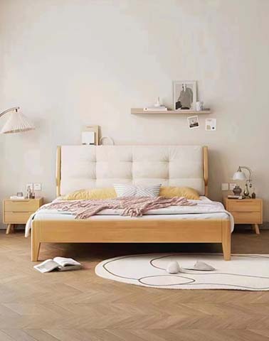 Queen Size Light Wood Upholstered Tufted Platform Bed