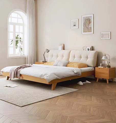 Queen Size Light Wood Platform Bed with Tufted Off-White Upholstered Headboard