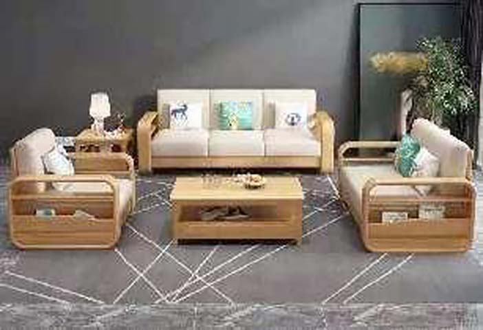 Nordic Solid Wood Off-White Fabric 5-Piece Living Room Sofa Set