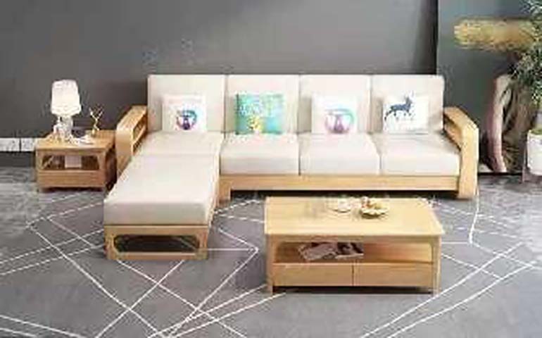 Light Natural Wood Frame Left-Chaise L-Shaped Beige Fabric Sectional Sofa Set with Matching Coffee Table and End Table