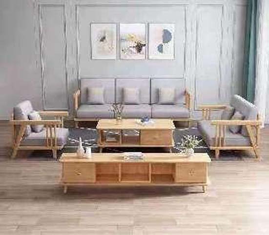 Light Natural Wood TV Media Console with 2 Side Drawers and 3 Central Open Cubbies