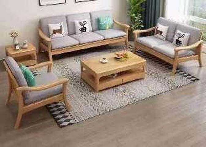 Light Natural Solid Wood Gray Fabric 5-Piece Living Room Sofa Set