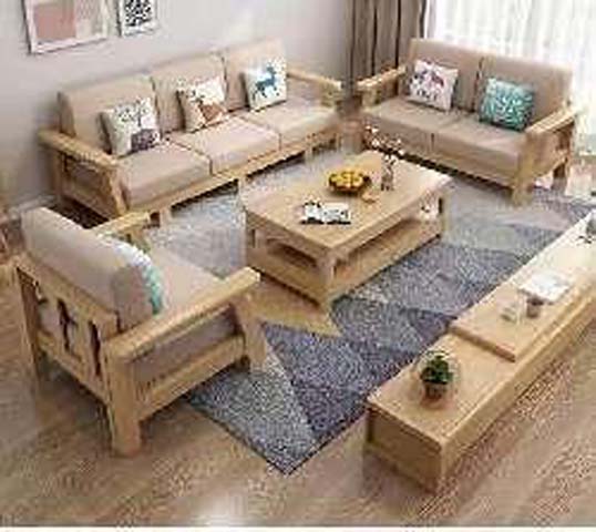 Light Natural Wood U-Shaped Fabric Living Room Set with Coffee Table and TV Stand