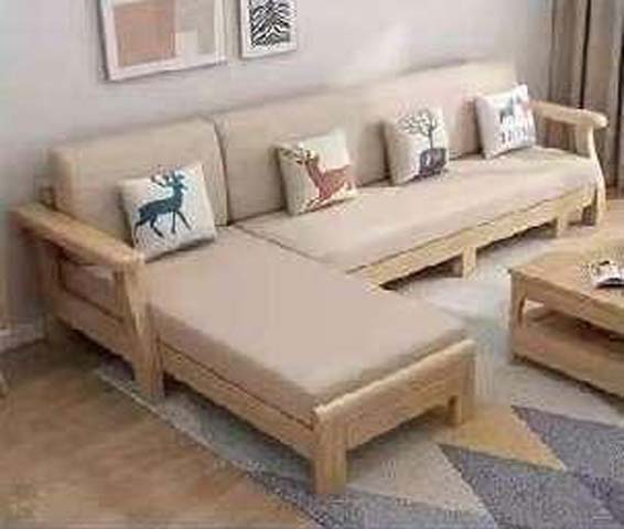 Light Natural Wood Frame Beige Fabric L-Shaped Left-Chaise Sectional Sofa