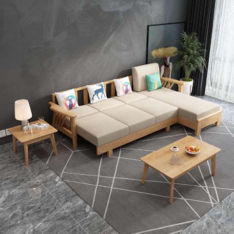 Light Oak Solid Wood Frame L-Shaped Convertible Fabric Sofa Bed